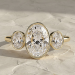 Load image into Gallery viewer, Diamond Three Stone Ring | Bezel Set Oval Cut 2 CT + 1 CT F+ VS+ | 14K Solid Gold Gold Jewelry for Bridal, Gift, Custom, Modern Style