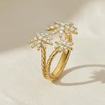 Load image into Gallery viewer, Diamond Floral Design Ring, Minimalist Triple Flower Open Diamond Ring in Gold, Floral Cluster Cuff Ring, Adjustable Fine Jewelry, Gift Ring