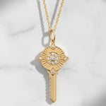 Load image into Gallery viewer, 14K Gold Diamond Diary Key Pendant, Key Necklace, Skeleton Key Charm, Key Charm, Diamond Charm, Lab Grown Diamond, 14k Gold, Unique Key