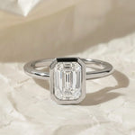Load image into Gallery viewer, 2 Carat F Color VS1 Clarity IGI CERTIFIED Emerald Cut Lab Grown Diamond Bezel Set Solitaire Engagement Ring 14k Yellow Gold Jwalin Jewels