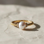 Load image into Gallery viewer, Pearl and Lab Grown Diamond Gold Ring, Pave Set 6mm Pearl, Engagement or Wedding Jewelry, 9K, 14K, 18K Gold, Classic Statement Ring Jwalin Jewels