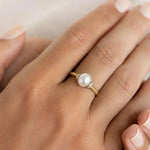 Load image into Gallery viewer, Pearl and Lab Grown Diamond Gold Ring, Pave Set 6mm Pearl, Engagement or Wedding Jewelry, 9K, 14K, 18K Gold, Classic Statement Ring Jwalin Jewels