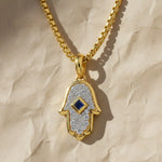 Load image into Gallery viewer, 14K Gold Lab Grown Diamond Hamsa Pendant • Pave Hand Charm • Protective Amulet Necklace Charm Jwalin Jewels