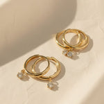 Load image into Gallery viewer, 14k Solid Gold Diamond Hoop Earrings, Dainty Solitaire Charm Huggies, Dangle Hoops, Small Drop Earrings, Minimalist Everyday Gold Huggy