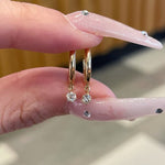 Load image into Gallery viewer, 14k Solid Gold Diamond Hoop Earrings, Dainty Solitaire Charm Huggies, Dangle Hoops, Small Drop Earrings, Minimalist Everyday Gold Huggy