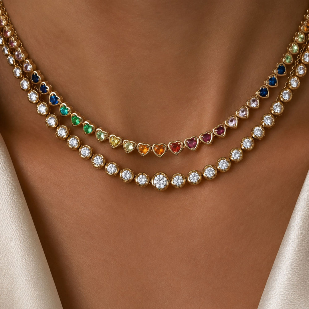 14K Solid gold Rainbow Sapphire Heart Bezel Tennis Necklace