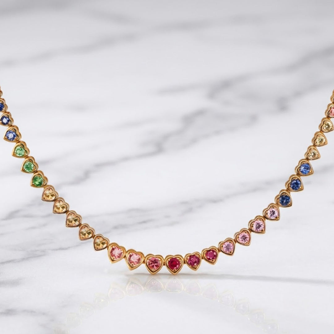 14K Solid gold Rainbow Sapphire Heart Bezel Tennis Necklace