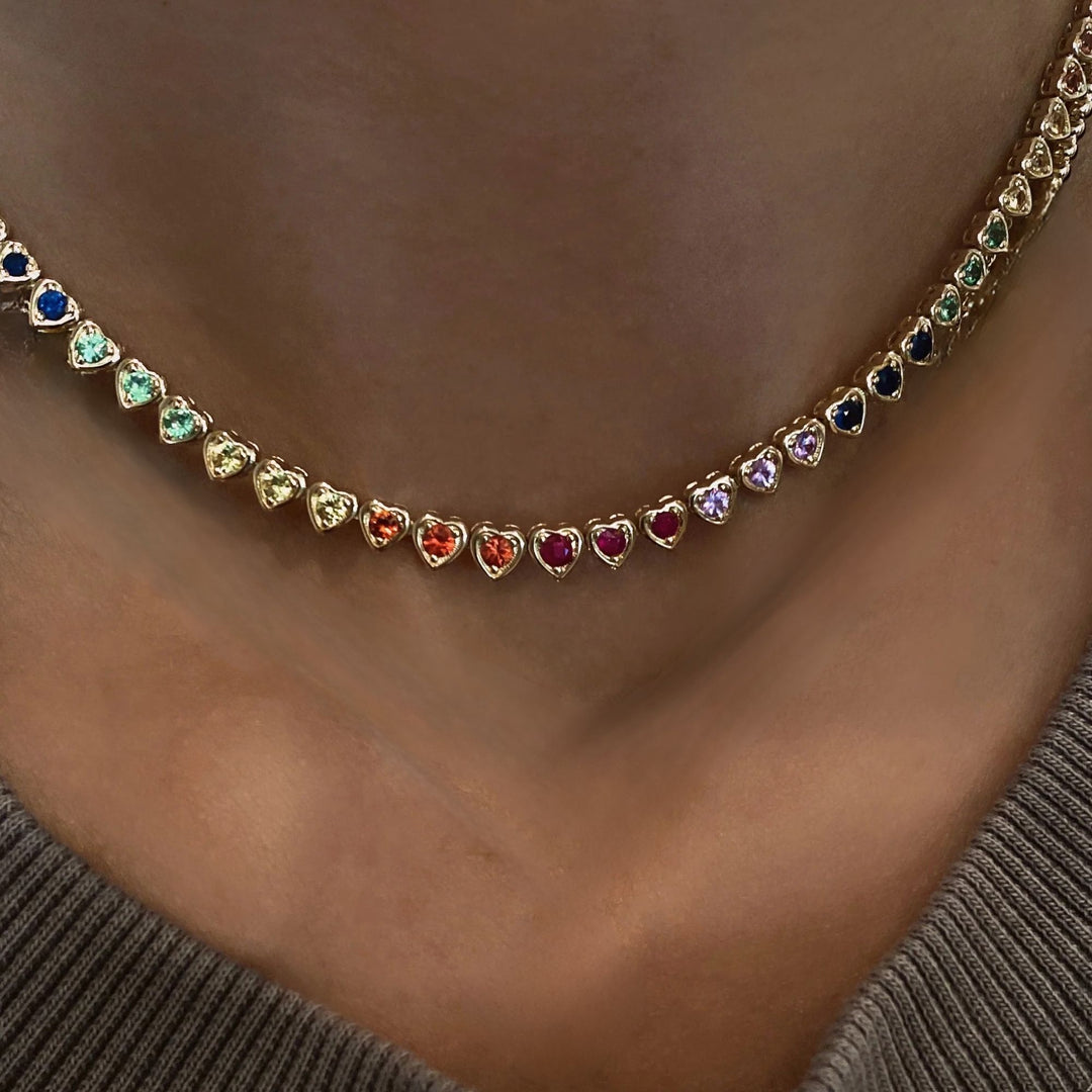 14K Solid gold Rainbow Sapphire Heart Bezel Tennis Necklace