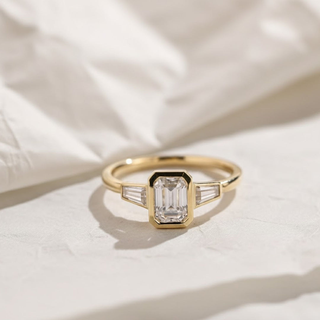 Lab Grown Emerald Cut Diamond Engagement Ring 2 Carat VS1 F Color 14K Gold Bezel Set with Trapezoid Side Stones