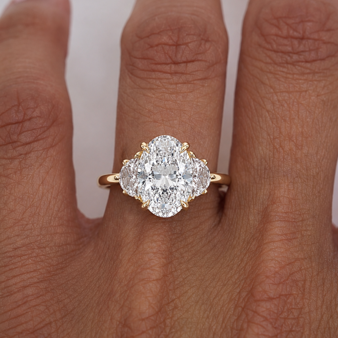 4.02 CT Oval Lab-Grown Diamond Engagement Ring with Trillion Side Stones | 9K - 18K Solid Gold