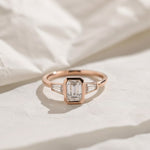 Load image into Gallery viewer, Lab Grown Emerald Cut Diamond Engagement Ring 2 Carat VS1 F Color 14K Gold Bezel Set with Trapezoid Side Stones
