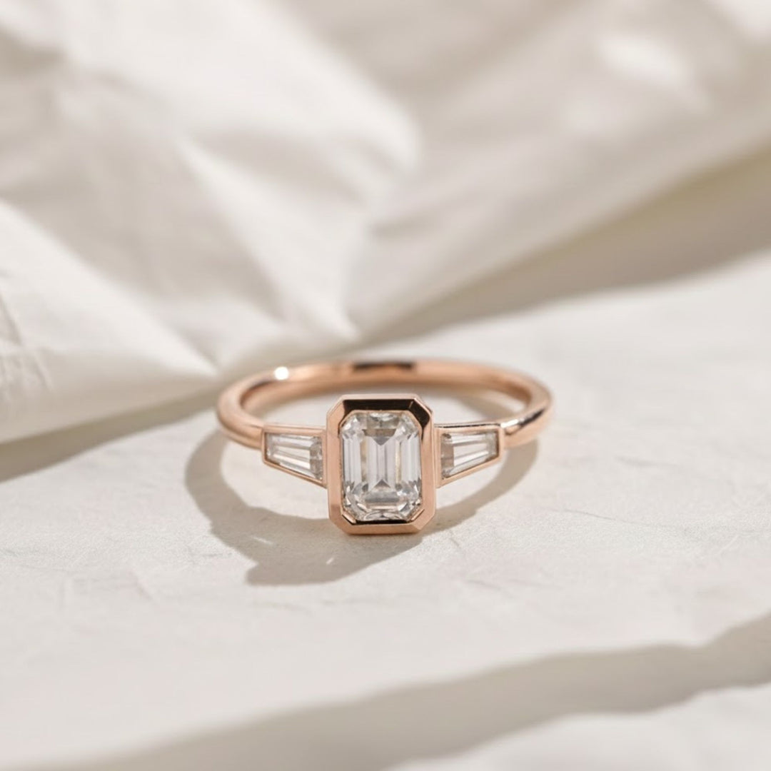 Lab Grown Emerald Cut Diamond Engagement Ring 2 Carat VS1 F Color 14K Gold Bezel Set with Trapezoid Side Stones
