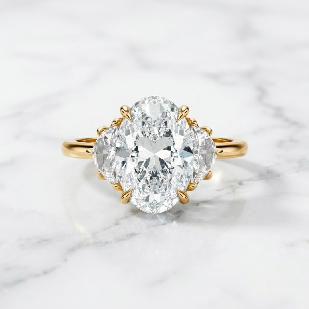 4.02 CT Oval Lab-Grown Diamond Engagement Ring with Trillion Side Stones | 9K - 18K Solid Gold