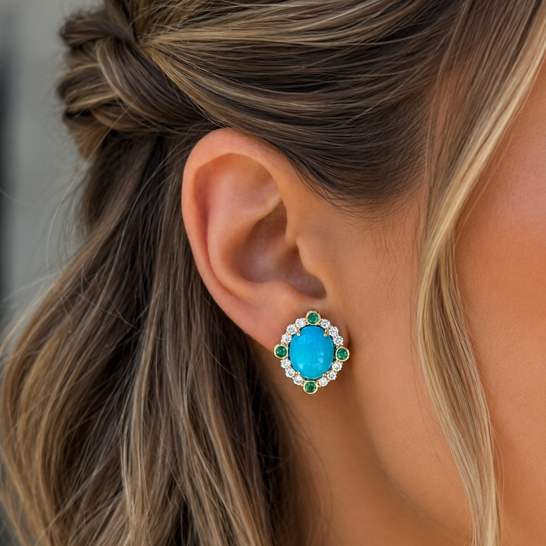 18K Solid Gold Cabochon Gemstone Earrings