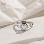 Load image into Gallery viewer, Lab Grown Emerald Cut Diamond Engagement Ring 2 Carat VS1 F Color 14K Gold Bezel Set with Trapezoid Side Stones