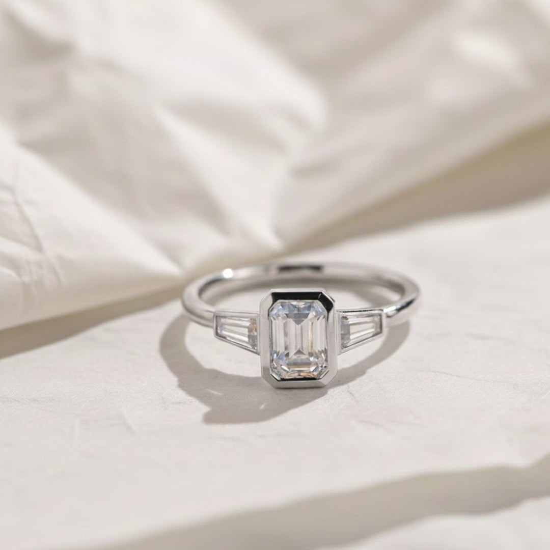 Lab Grown Emerald Cut Diamond Engagement Ring 2 Carat VS1 F Color 14K Gold Bezel Set with Trapezoid Side Stones