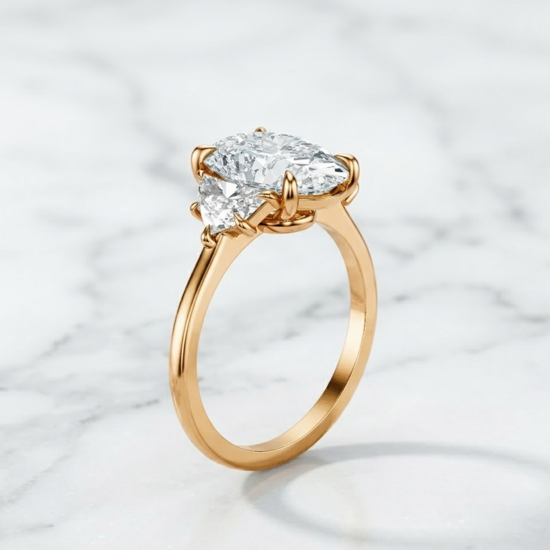 4.02 CT Oval Lab-Grown Diamond Engagement Ring with Trillion Side Stones | 9K - 18K Solid Gold