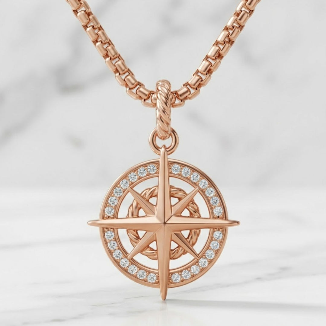 Gold Compass Pendant Necklace, Lab-Grown Diamond, 14K Solid Gold, Celestial Jewelry, Navigation Symbol, Meaningful Gift