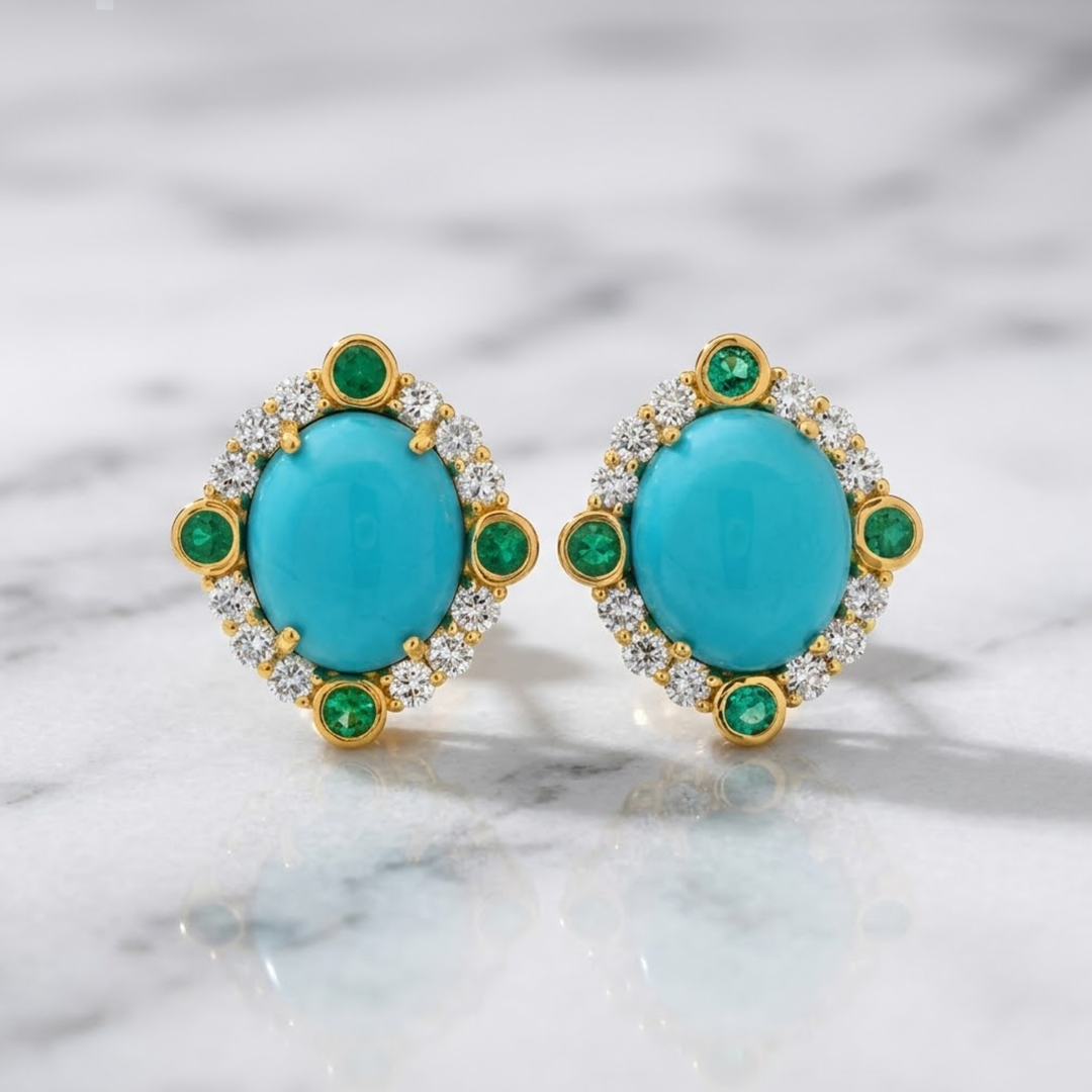 18K Solid Gold Cabochon Gemstone Earrings