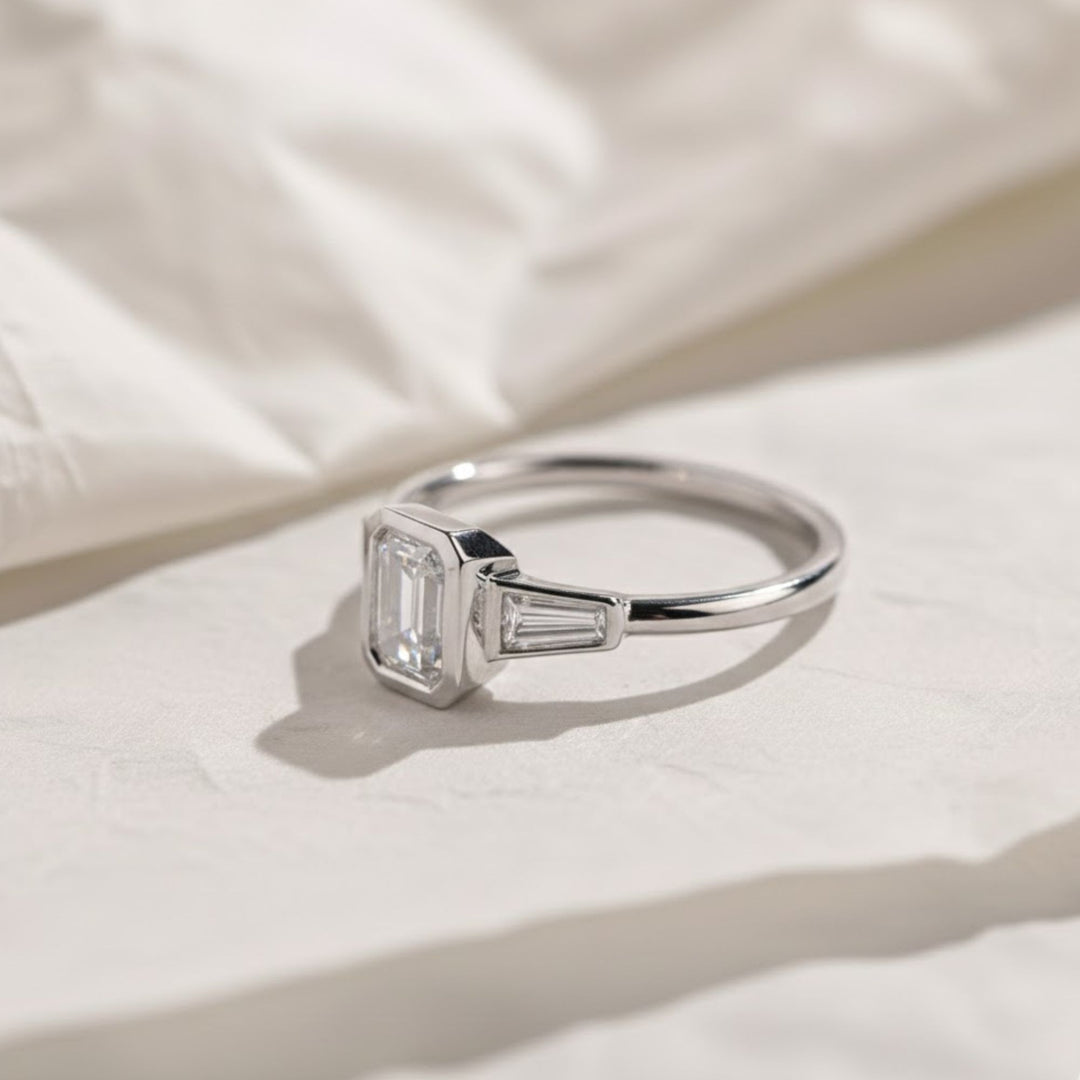 Lab Grown Emerald Cut Diamond Engagement Ring 2 Carat VS1 F Color 14K Gold Bezel Set with Trapezoid Side Stones