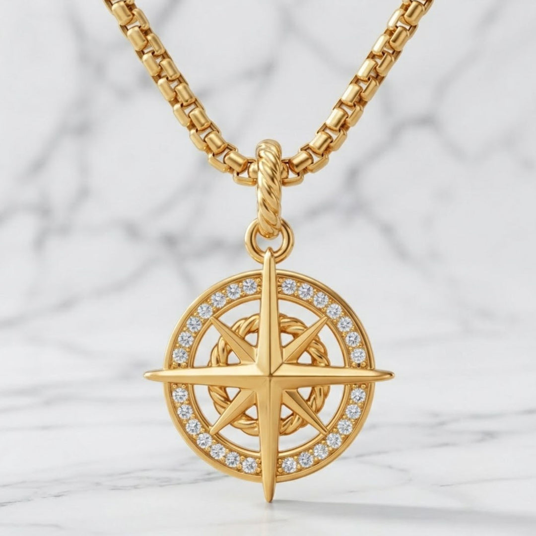 Gold Compass Pendant Necklace, Lab-Grown Diamond, 14K Solid Gold, Celestial Jewelry, Navigation Symbol, Meaningful Gift