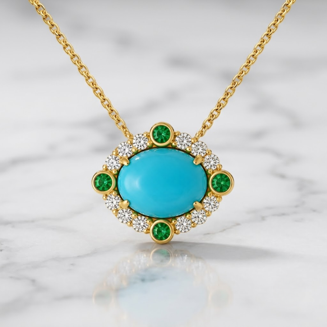 18K Solid Gold Cabochon Gemstone Pendant Necklace