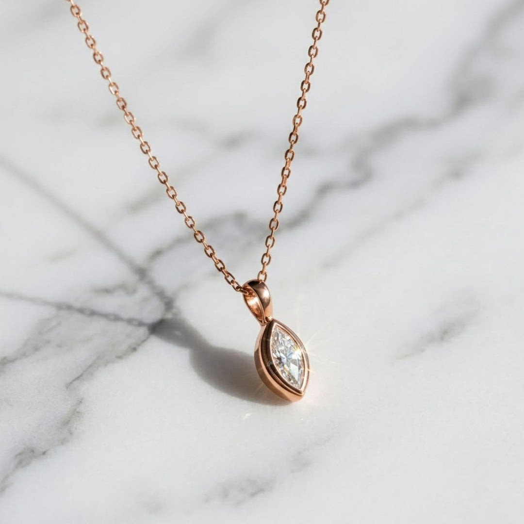 Lab Grown Marquise Cut Diamond Necklace, Bezel Set Pendant in 14K Solid Gold, Dainty Fine Gold Jewelry, Everyday Gift for Her, Bridesmaid Necklace