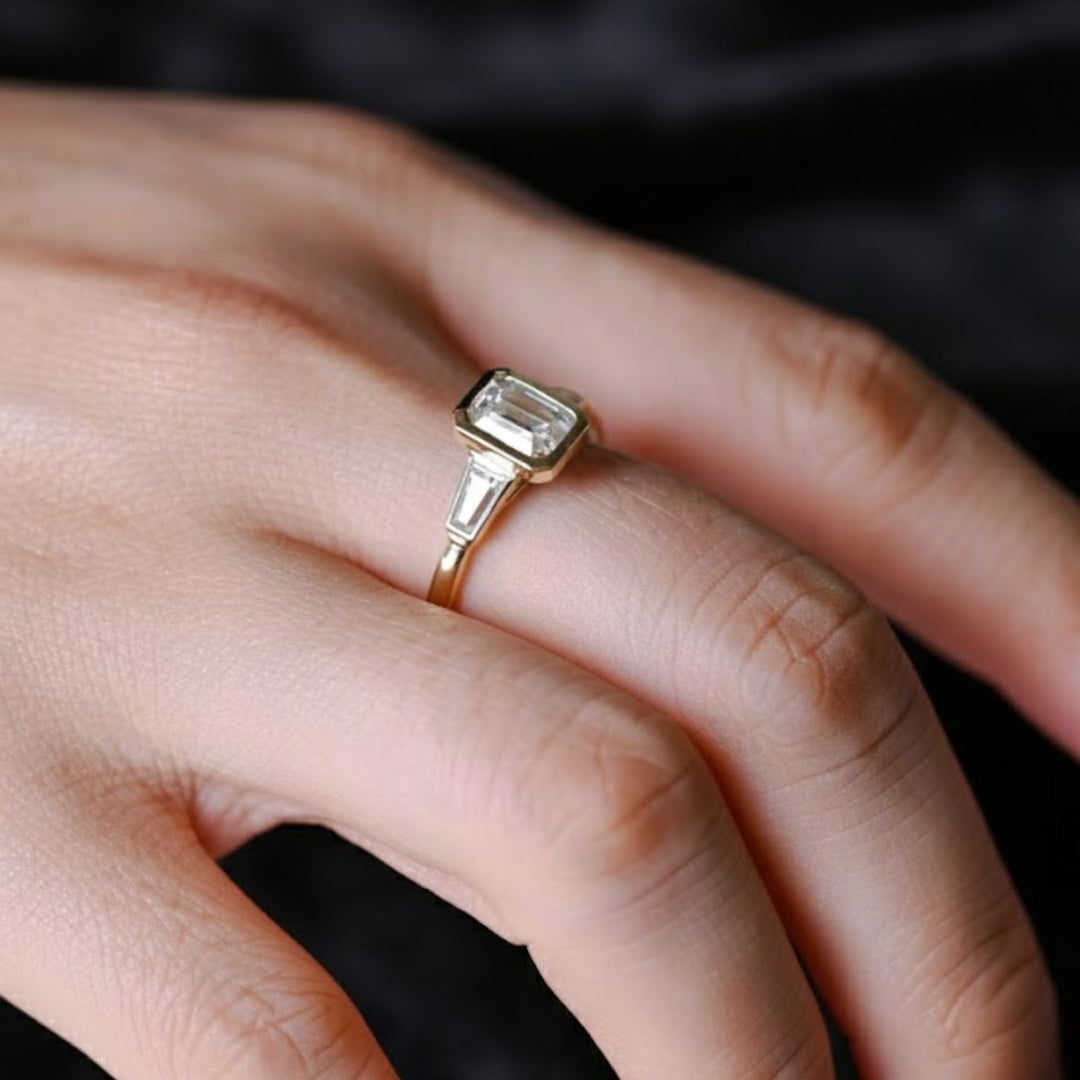 Lab Grown Emerald Cut Diamond Engagement Ring 2 Carat VS1 F Color 14K Gold Bezel Set with Trapezoid Side Stones