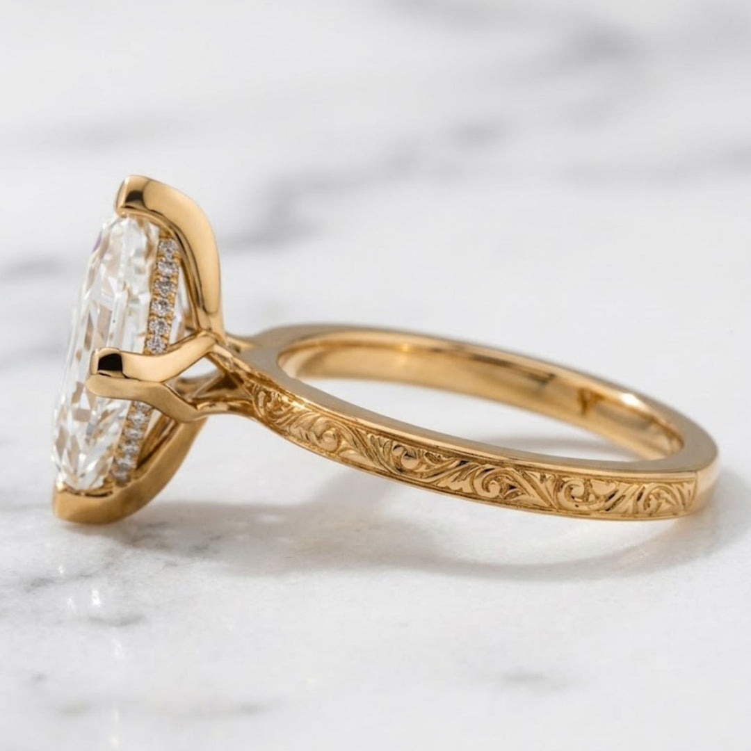 2.10 CT Lozenge Lab Grown Diamond Ring Set, Nature Inspired Engagement Ring, 14K Solid Gold