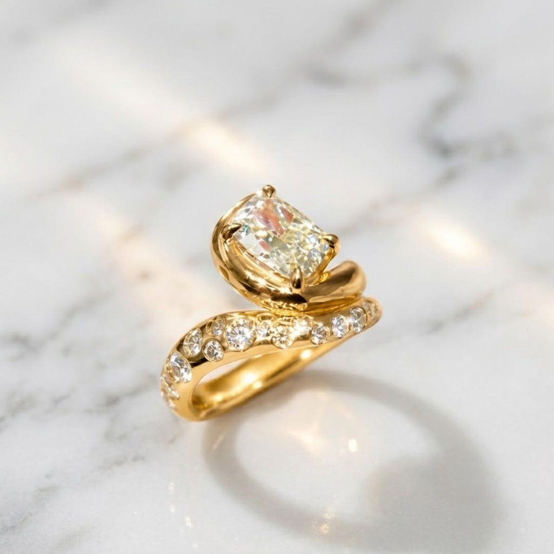Cushion Cut Bypass Engagement Ring, Gold Scattered Diamond Statement Ring, Unique Asymmetric Design, One of a Kind Gift, IGI Certified Ring