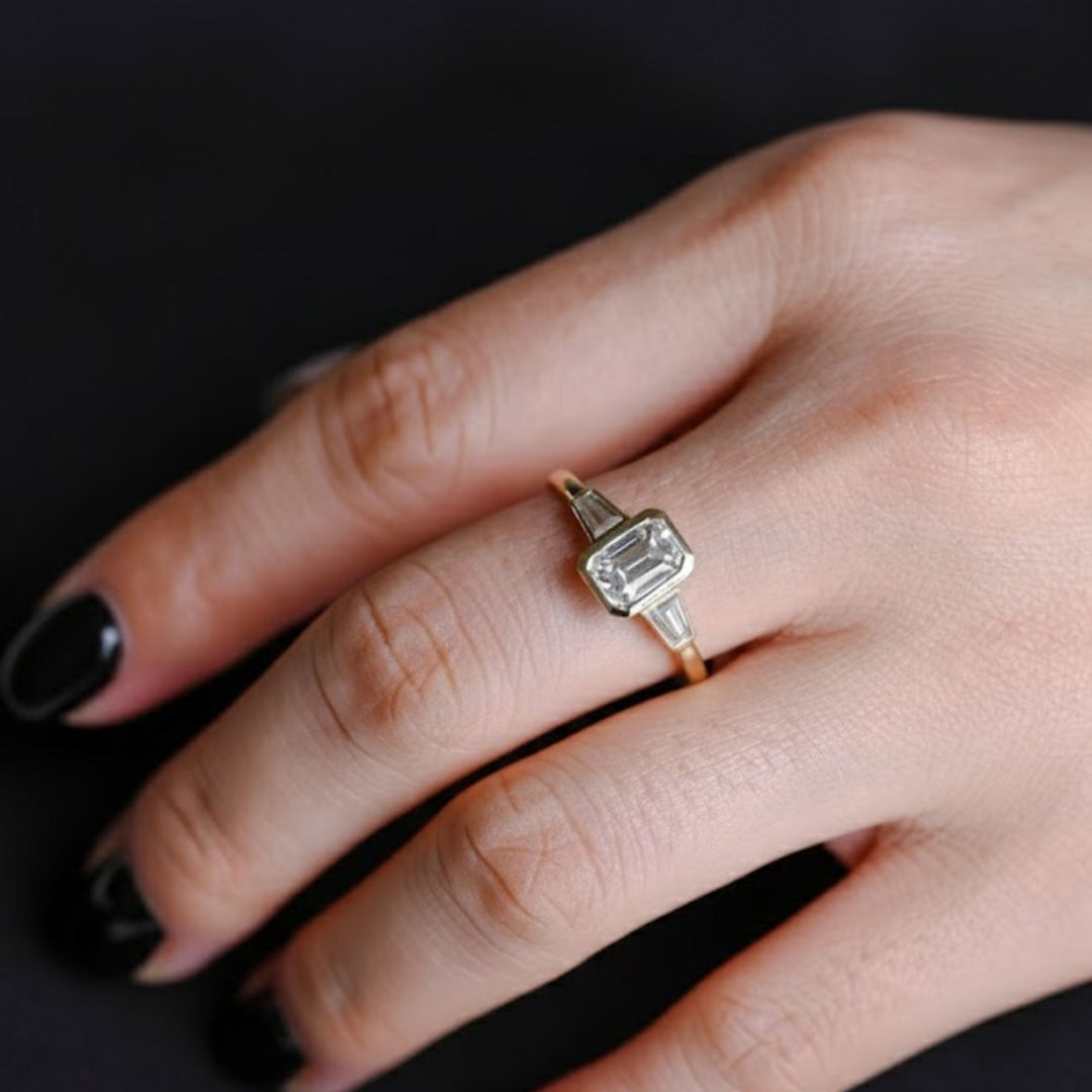 Lab Grown Emerald Cut Diamond Engagement Ring 2 Carat VS1 F Color 14K Gold Bezel Set with Trapezoid Side Stones