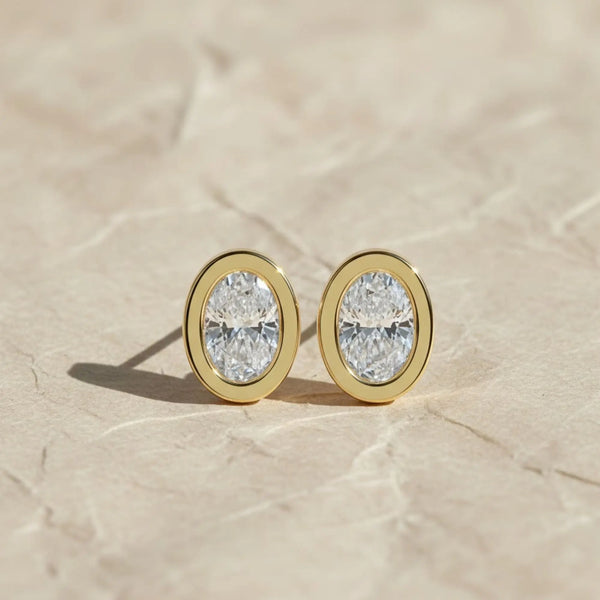 Lab Grown Diamond Earrings, 2CT Oval Bezel Studs in 9K, 14K, 18K Gold – Handmade, Certified Jewelry for Women Jwalin Jewels
