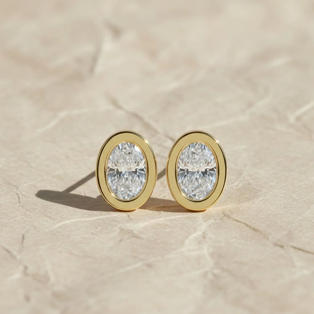 Lab Grown Diamond Earrings, 2CT Oval Bezel Studs in 9K, 14K, 18K Gold – Handmade, Certified Jewelry for Women Jwalin Jewels