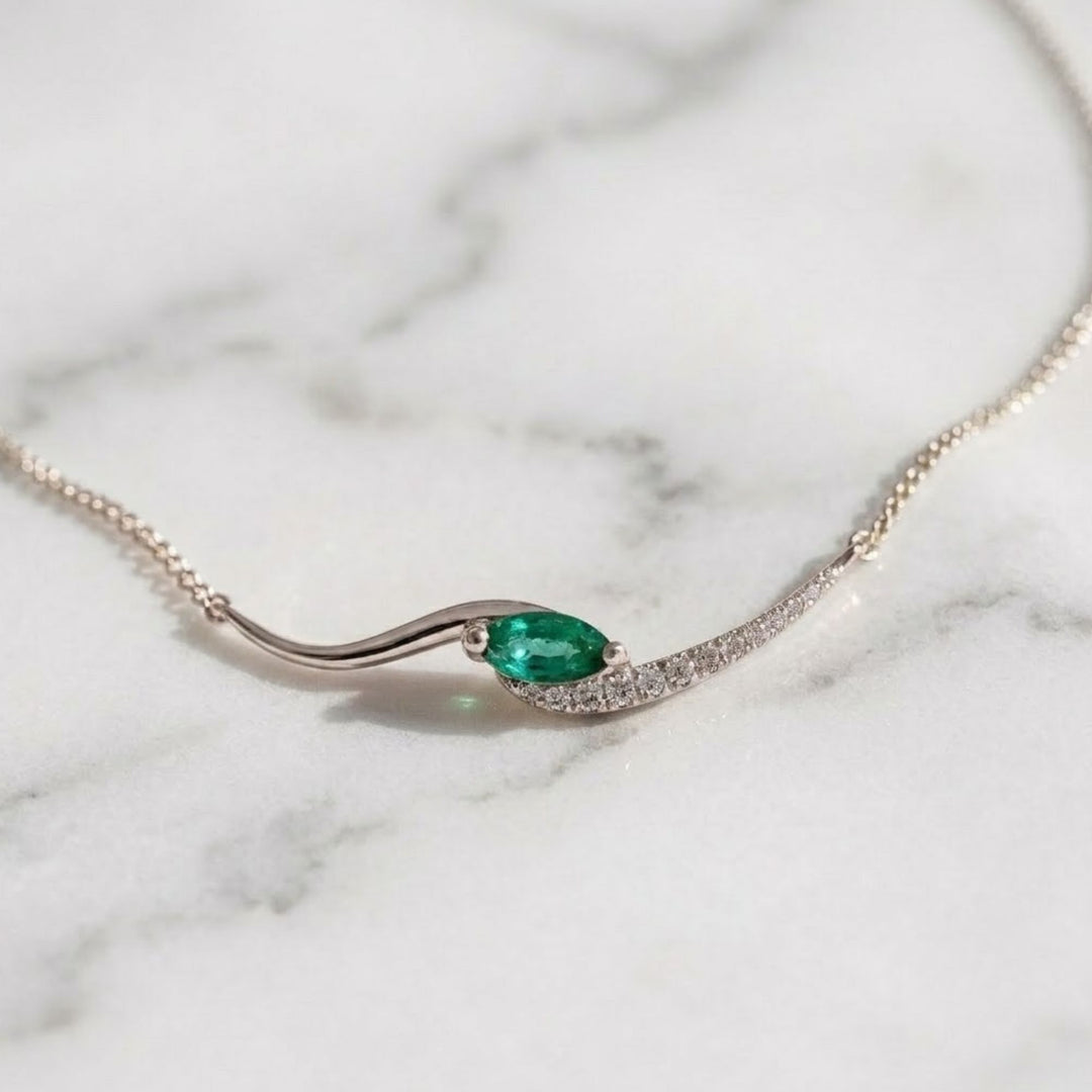 Lab Grown Emerald Marquise Necklace with Pave and Prong Set Diamonds in 9K, 14K, 18K White, Yellow, Rose Gold | Gift for Her,Elegant Jewelry