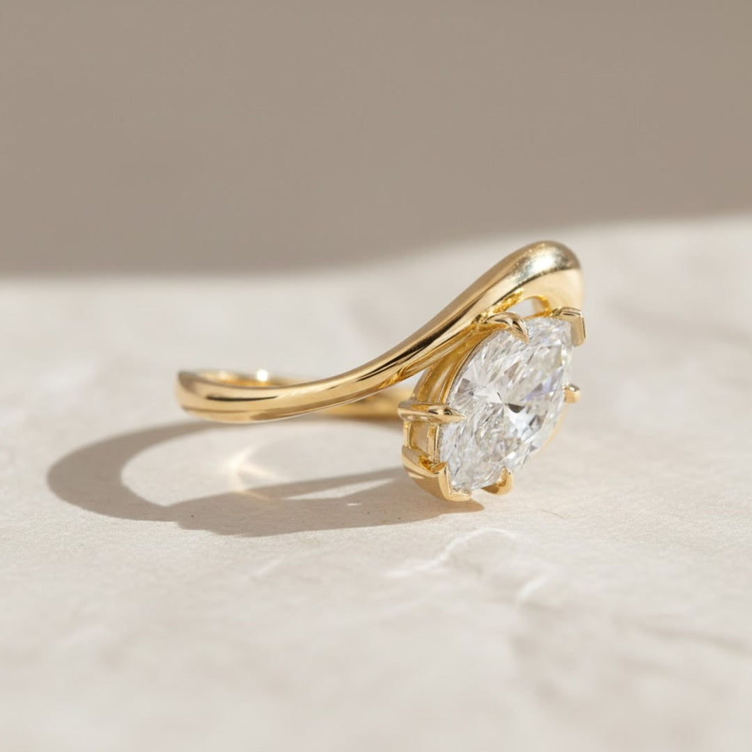 Marquise Lab Grown Diamond Solitaire Ring,14K Gold, Engagement Statement Jewelry, Curved Bypass Design, IGI Certified, Modern Elegant Gift