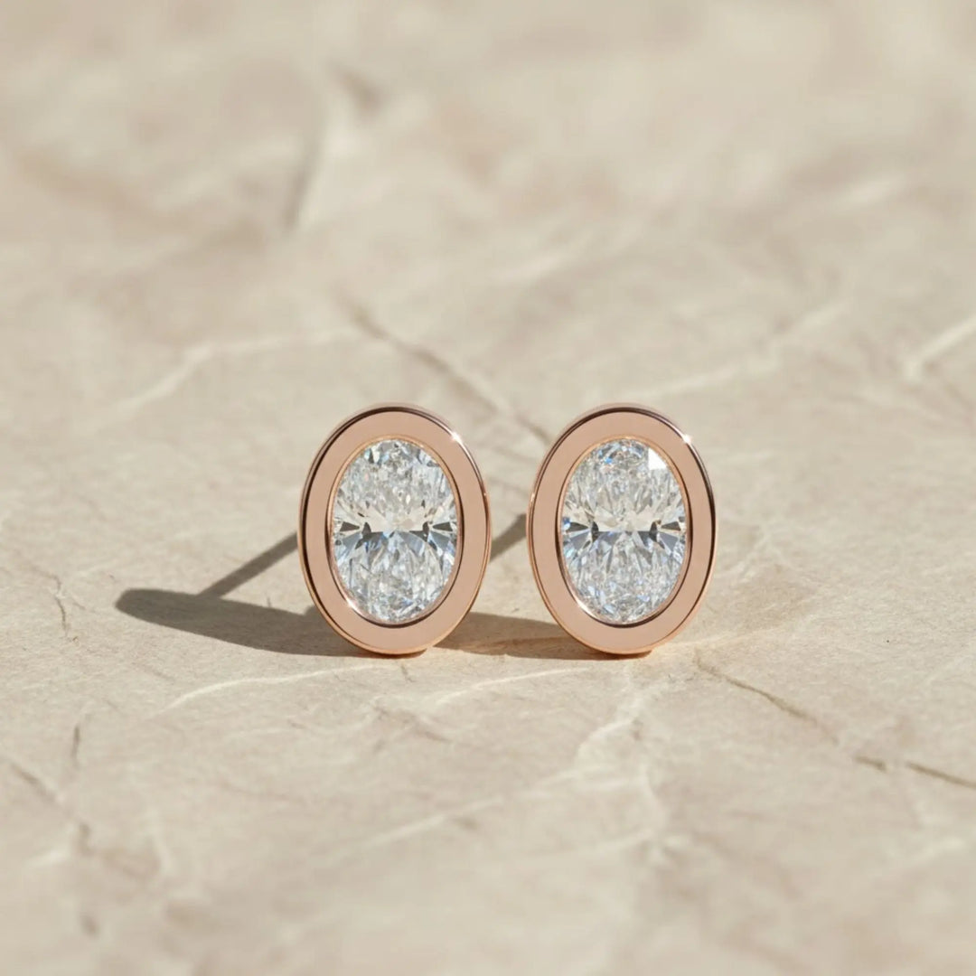 Lab Grown Diamond Earrings, 2CT Oval Bezel Studs in 9K, 14K, 18K Gold – Handmade, Certified Jewelry for Women Jwalin Jewels