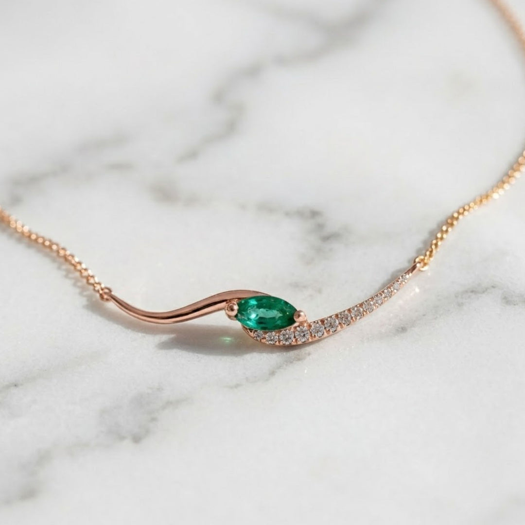 Lab Grown Emerald Marquise Necklace with Pave and Prong Set Diamonds in 9K, 14K, 18K White, Yellow, Rose Gold | Gift for Her,Elegant Jewelry
