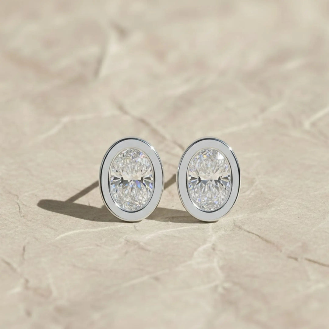 Lab Grown Diamond Earrings, 2CT Oval Bezel Studs in 9K, 14K, 18K Gold – Handmade, Certified Jewelry for Women Jwalin Jewels
