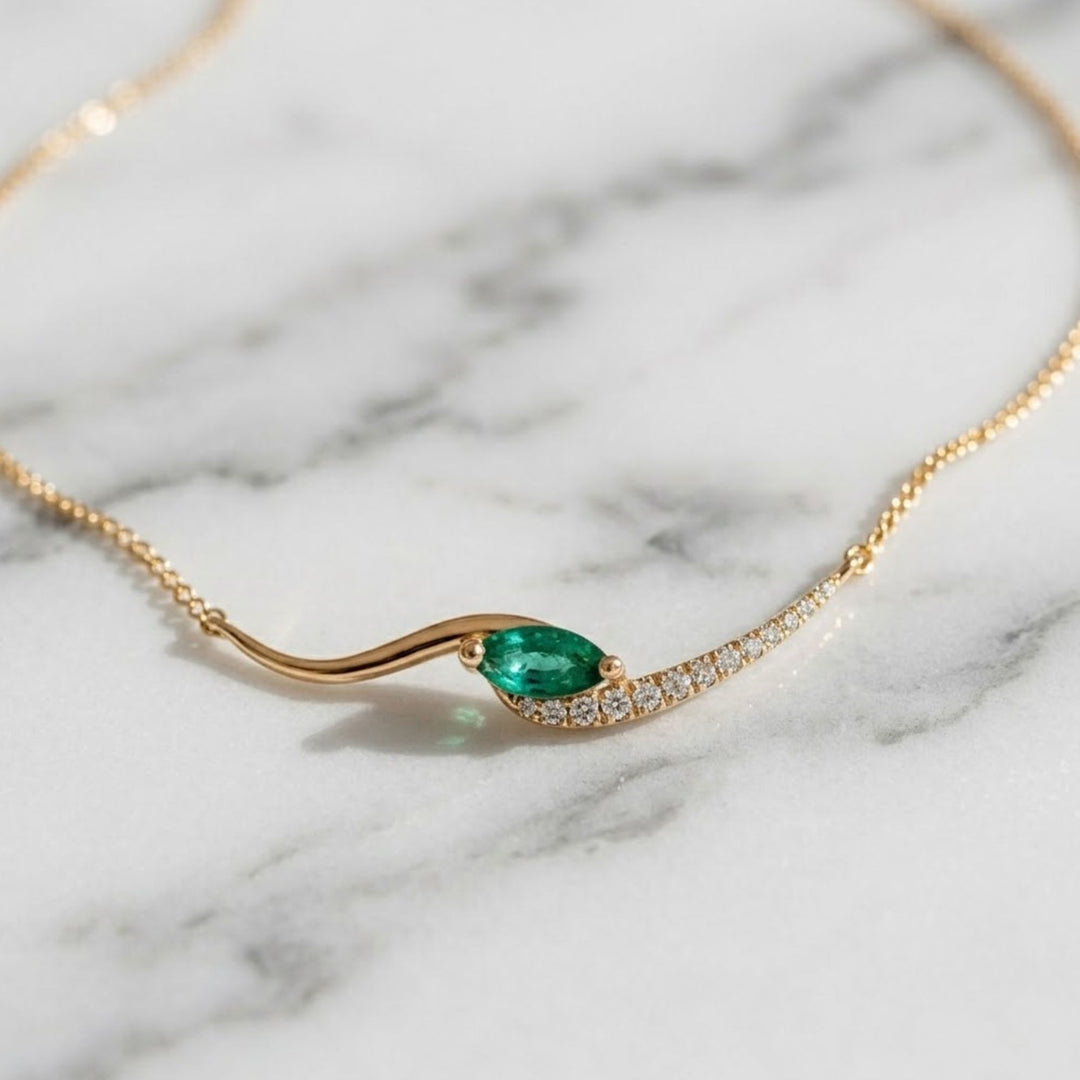 Lab Grown Emerald Marquise Necklace with Pave and Prong Set Diamonds in 9K, 14K, 18K White, Yellow, Rose Gold | Gift for Her,Elegant Jewelry