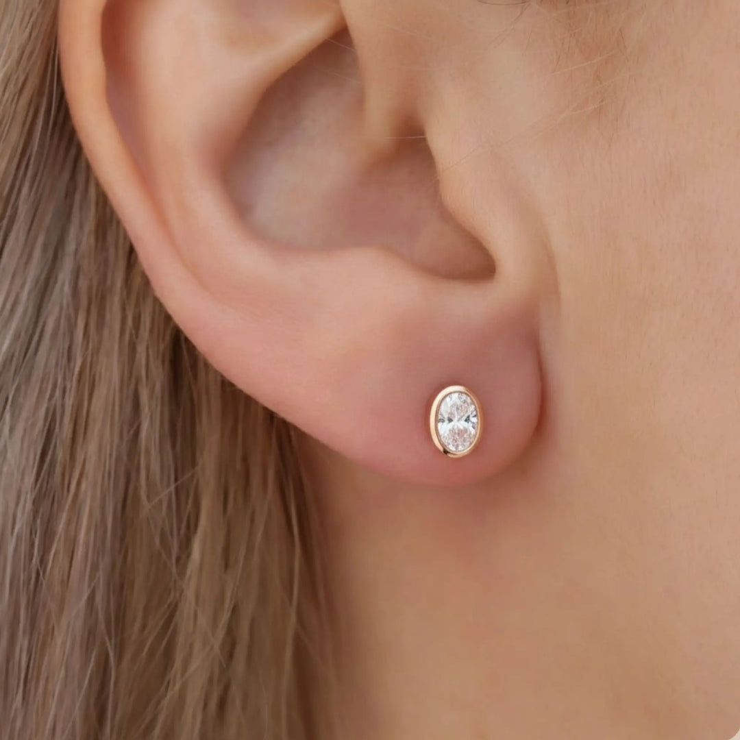 Lab Grown Diamond Earrings, 2CT Oval Bezel Studs in 9K, 14K, 18K Gold – Handmade, Certified Jewelry for Women Jwalin Jewels