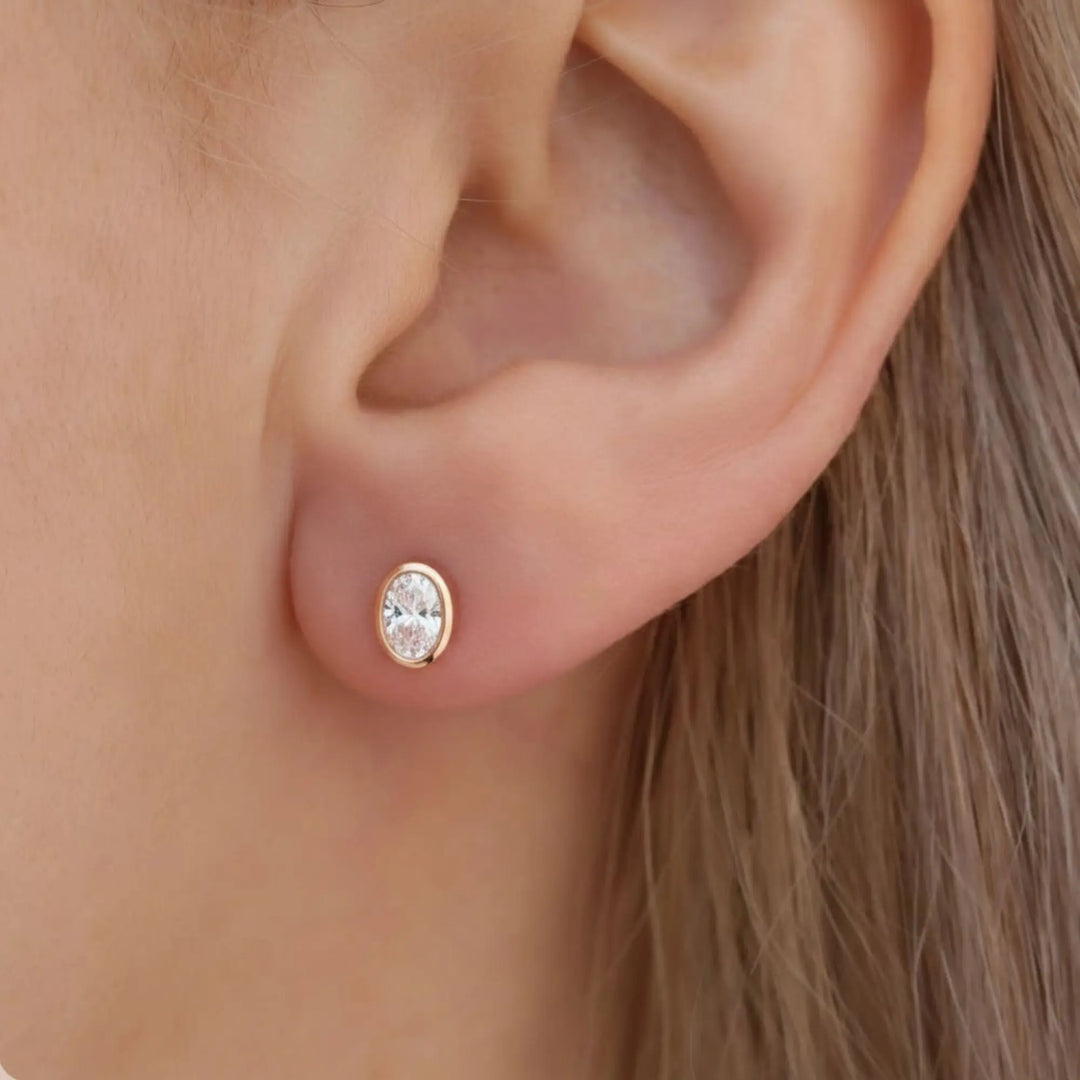 Lab Grown Diamond Earrings, 2CT Oval Bezel Studs in 9K, 14K, 18K Gold – Handmade, Certified Jewelry for Women Jwalin Jewels