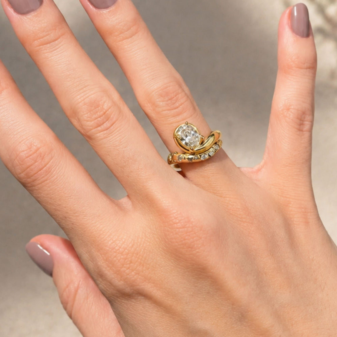 Cushion Cut Bypass Engagement Ring, Gold Scattered Diamond Statement Ring, Unique Asymmetric Design, One of a Kind Gift, IGI Certified Ring