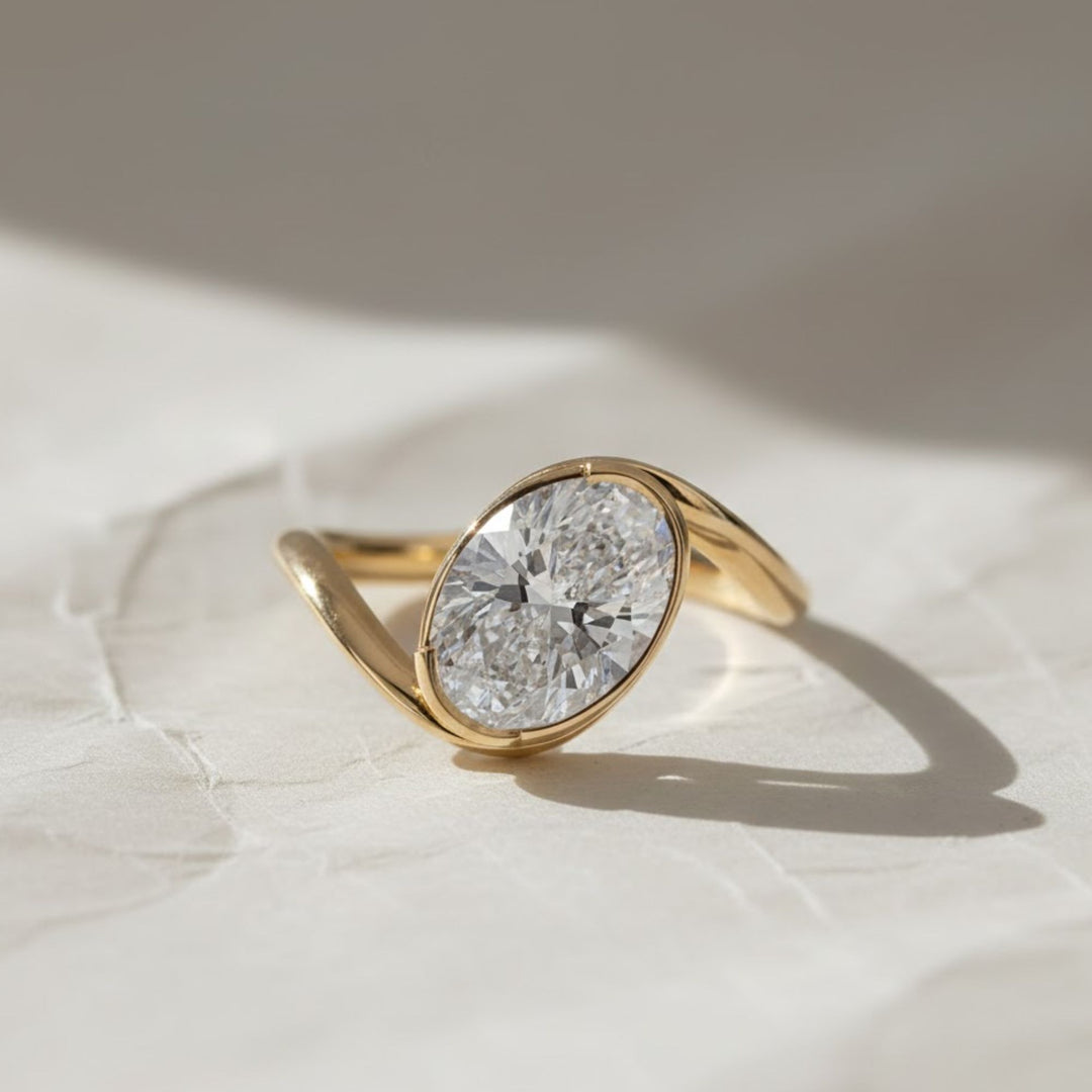 Lab Grown Oval Cut Diamond Ring, Bezel Set, 2.00 CT F+ VS+ Certified IGI Gold Engagement Ring, East West Solitaire, Luxury Jewelry