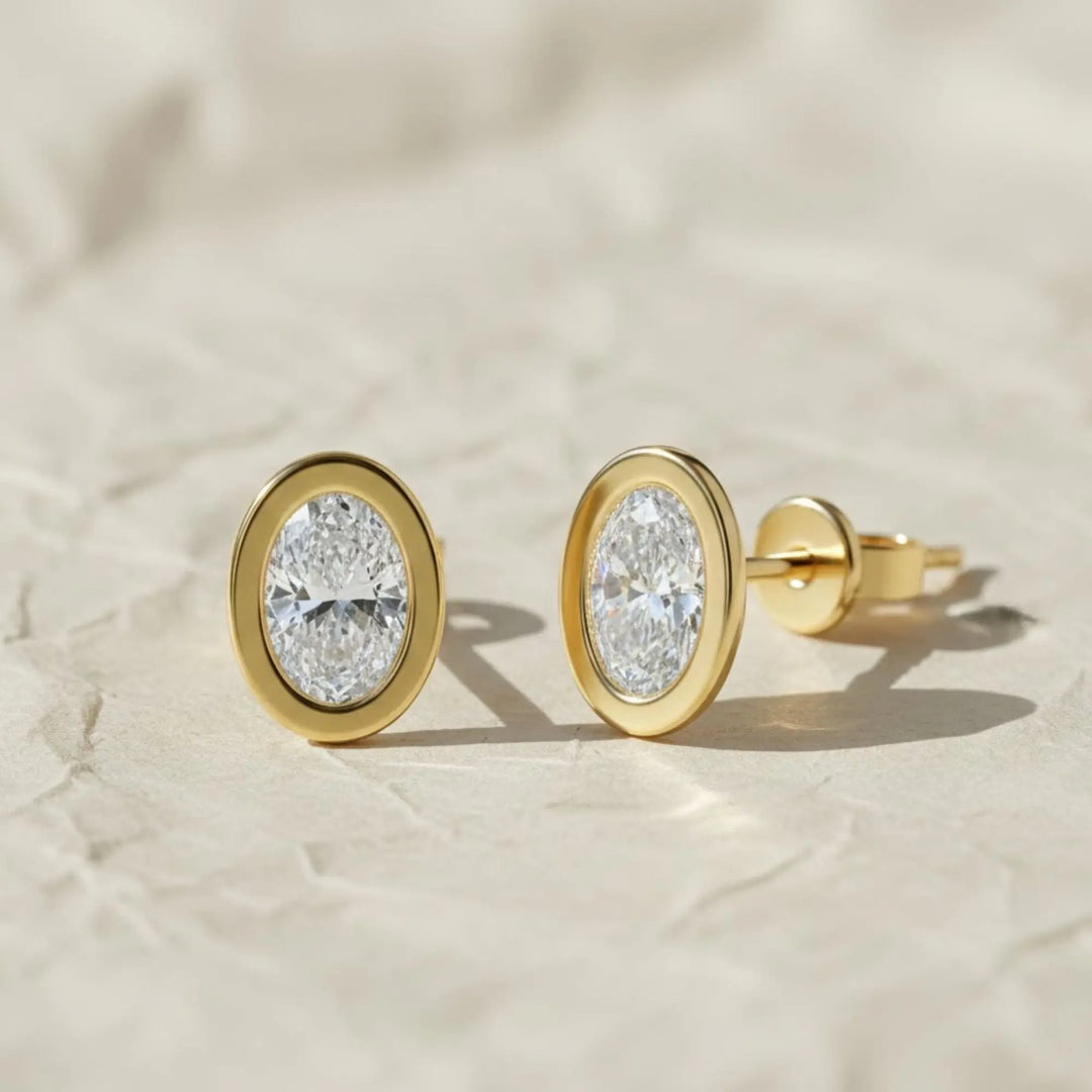 Lab Grown Diamond Earrings, 2CT Oval Bezel Studs in 9K, 14K, 18K Gold – Handmade, Certified Jewelry for Women Jwalin Jewels