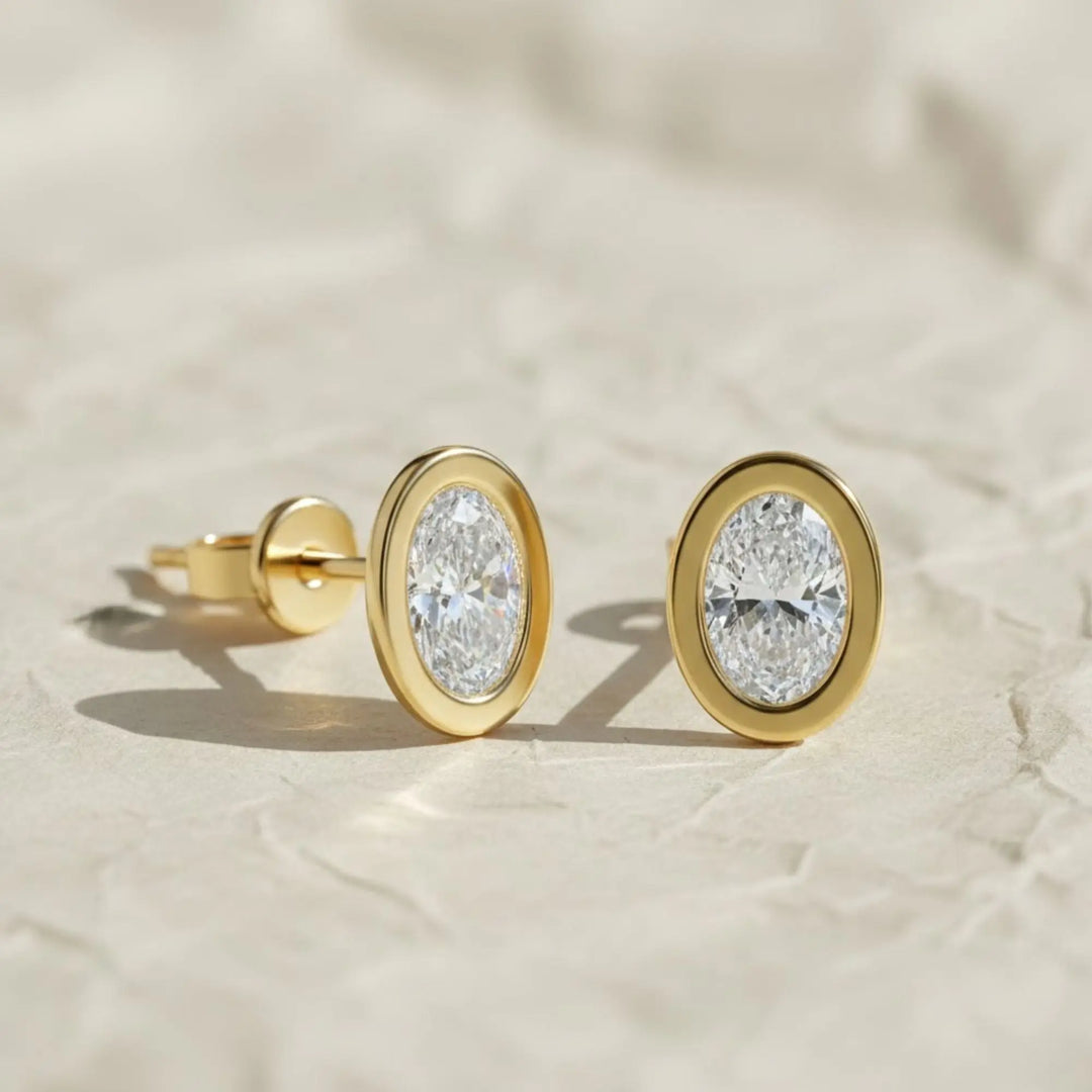 Lab Grown Diamond Earrings, 2CT Oval Bezel Studs in 9K, 14K, 18K Gold – Handmade, Certified Jewelry for Women Jwalin Jewels