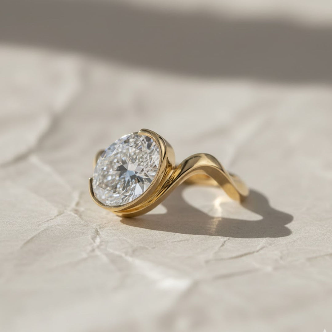 Lab Grown Oval Cut Diamond Ring, Bezel Set, 2.00 CT F+ VS+ Certified IGI Gold Engagement Ring, East West Solitaire, Luxury Jewelry