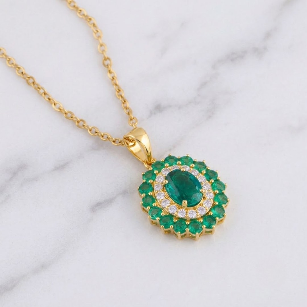 Emerald Halo Jewelry Set, Oval Green Diamond Pendant Necklace & Stud Earrings, 14K Solid Gold, Luxury Bridal Gift