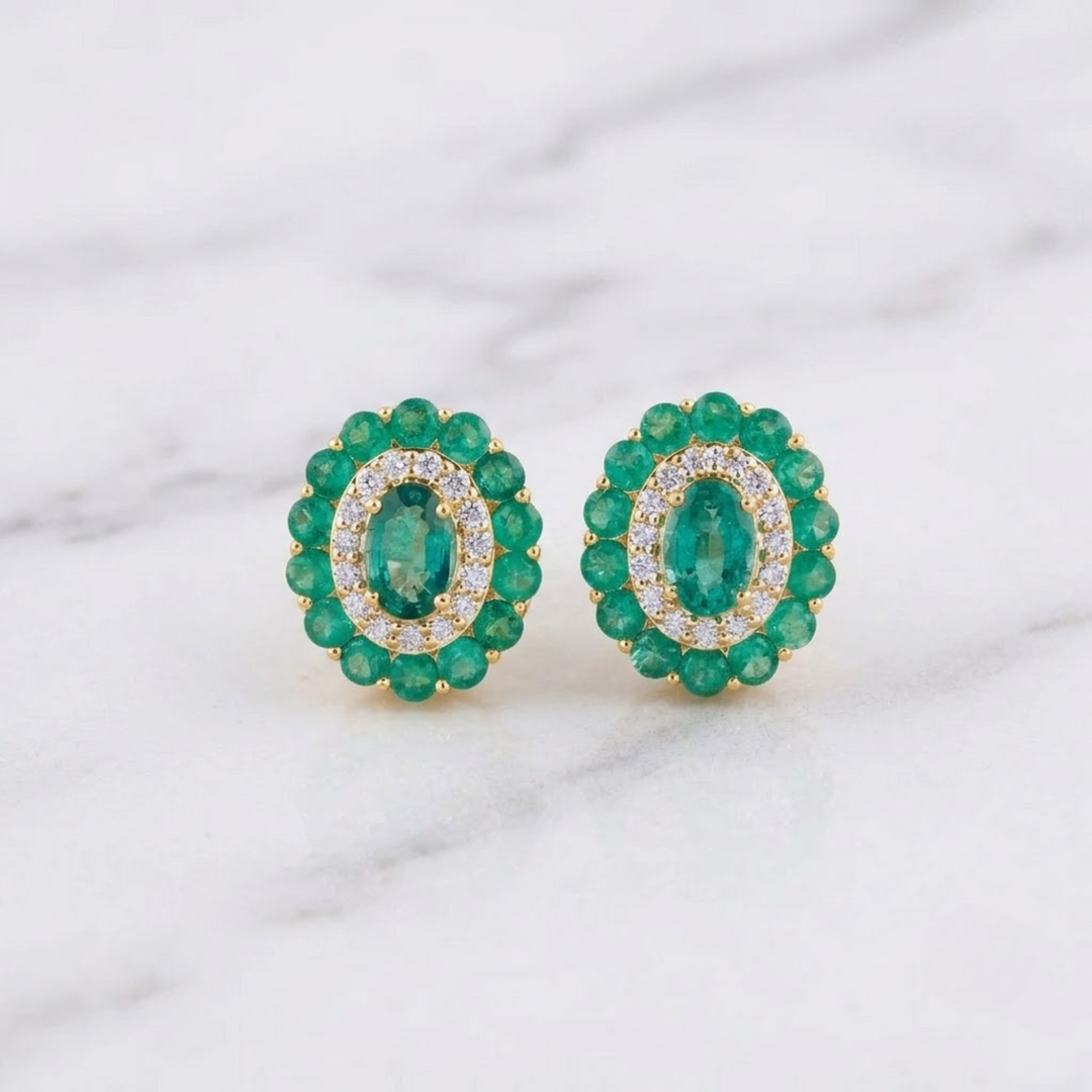 Emerald Halo Jewelry Set, Oval Green Diamond Pendant Necklace & Stud Earrings, 14K Solid Gold, Luxury Bridal Gift
