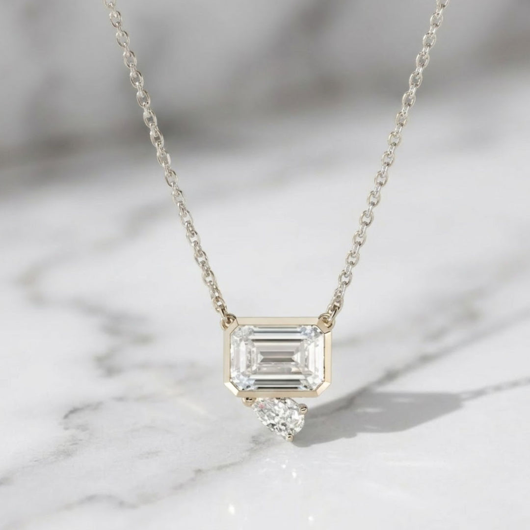 Bezel Set Emerald Cut Lab Grown Diamond Pendant Necklace: 14k Gold, IGI Certified