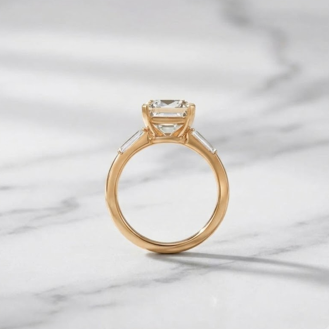 5.01 CT Asscher Cut Lab Grown Diamond Ring with Baguette Accents 9K - 18K Solid Gold